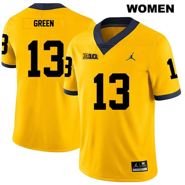 Women's NCAA Michigan Wolverines German Green #13 Yellow Jordan Brand Authentic Stitched Legend Football College Jersey ZR25Z54GK